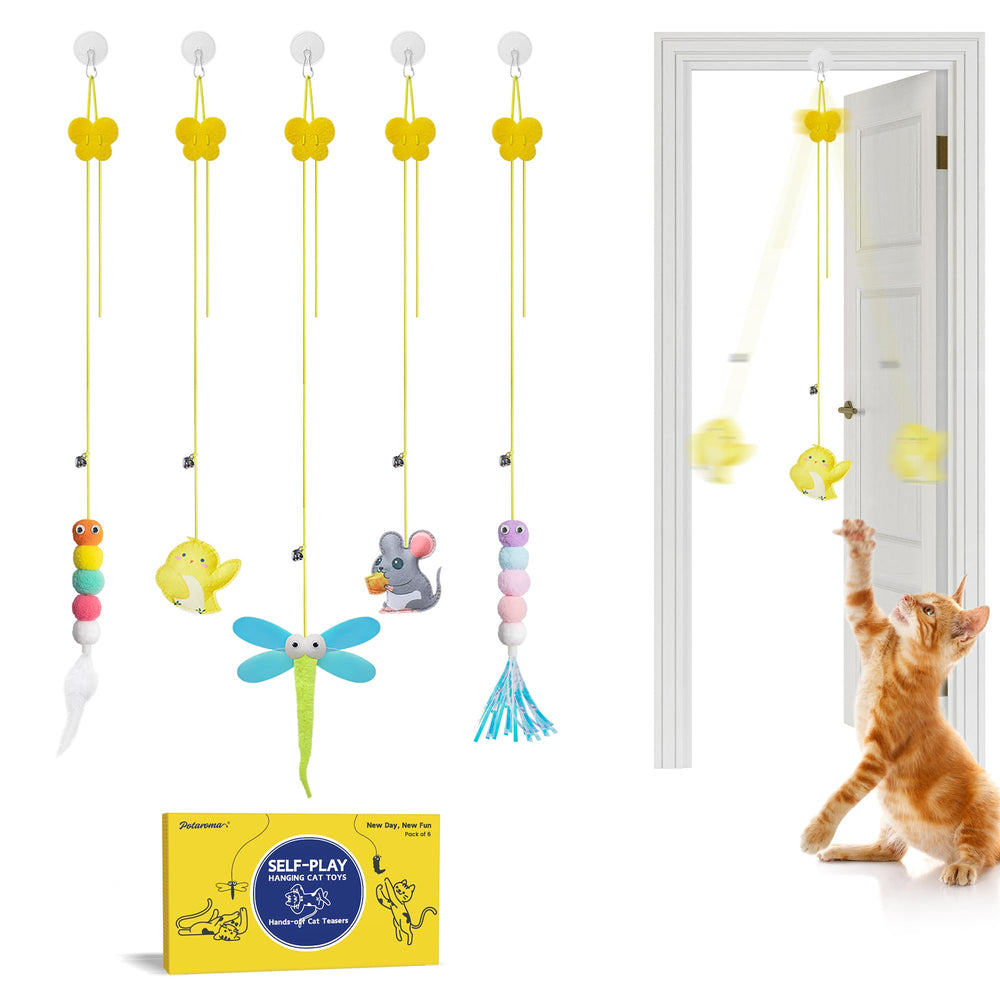 Potaroma Interactive Cat Feather Toy hanging over door for solo play and exercise