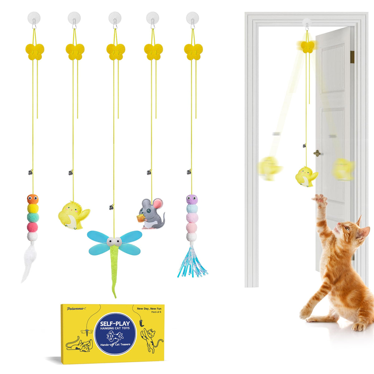 Potaroma Interactive Cat Feather Toy hanging over door for solo play and exercise