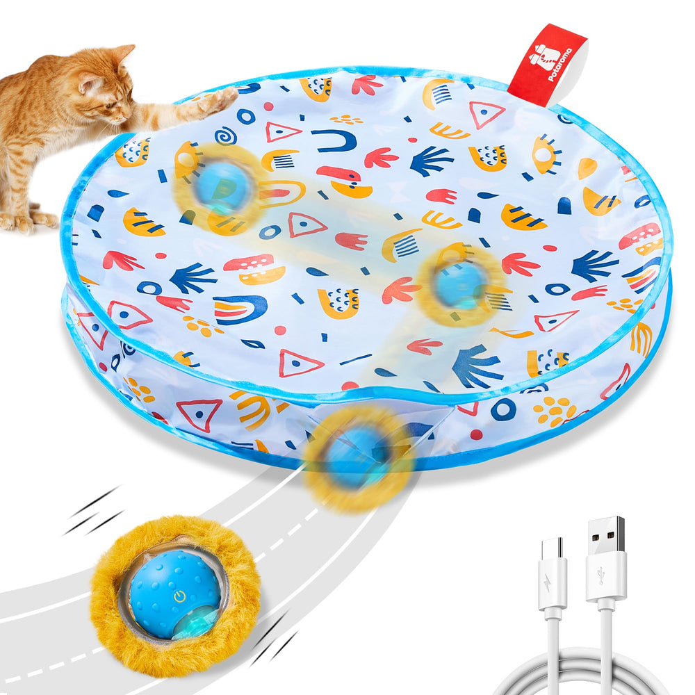 Potaroma interactive cat toy ball on play mat provides engaging indoor exercise.
