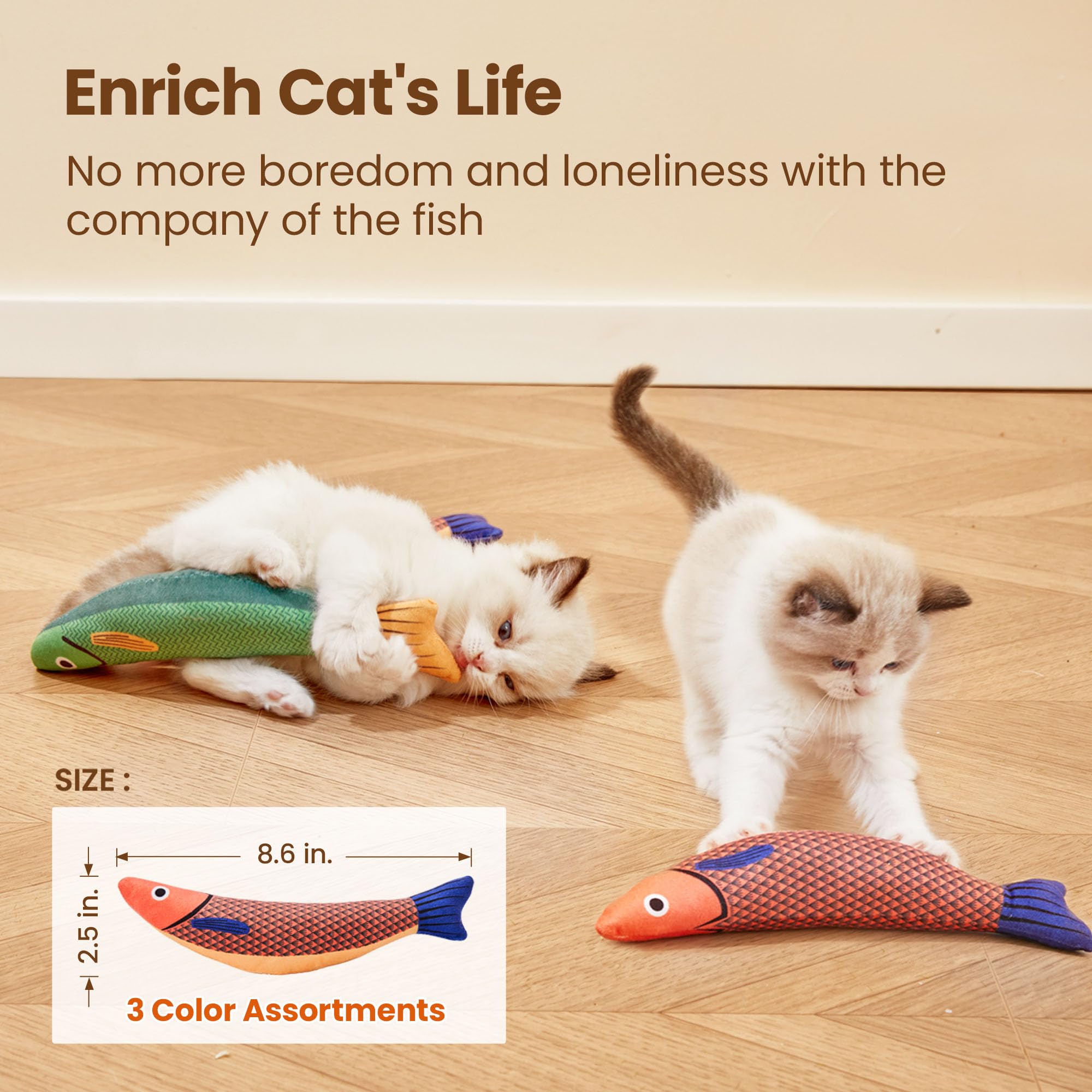 Potaroma Saury Fish toy in three bright colors for engaging kitten play.