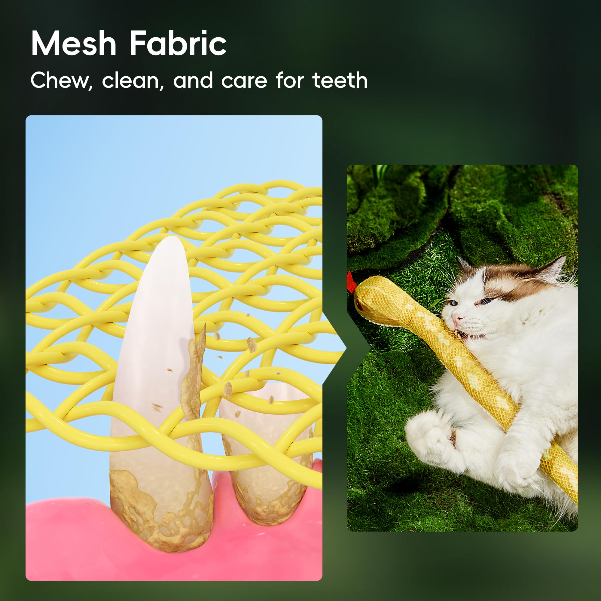 Potaroma snake toy mesh fabric provides durable chew-friendly surface for teeth-cleaning play.