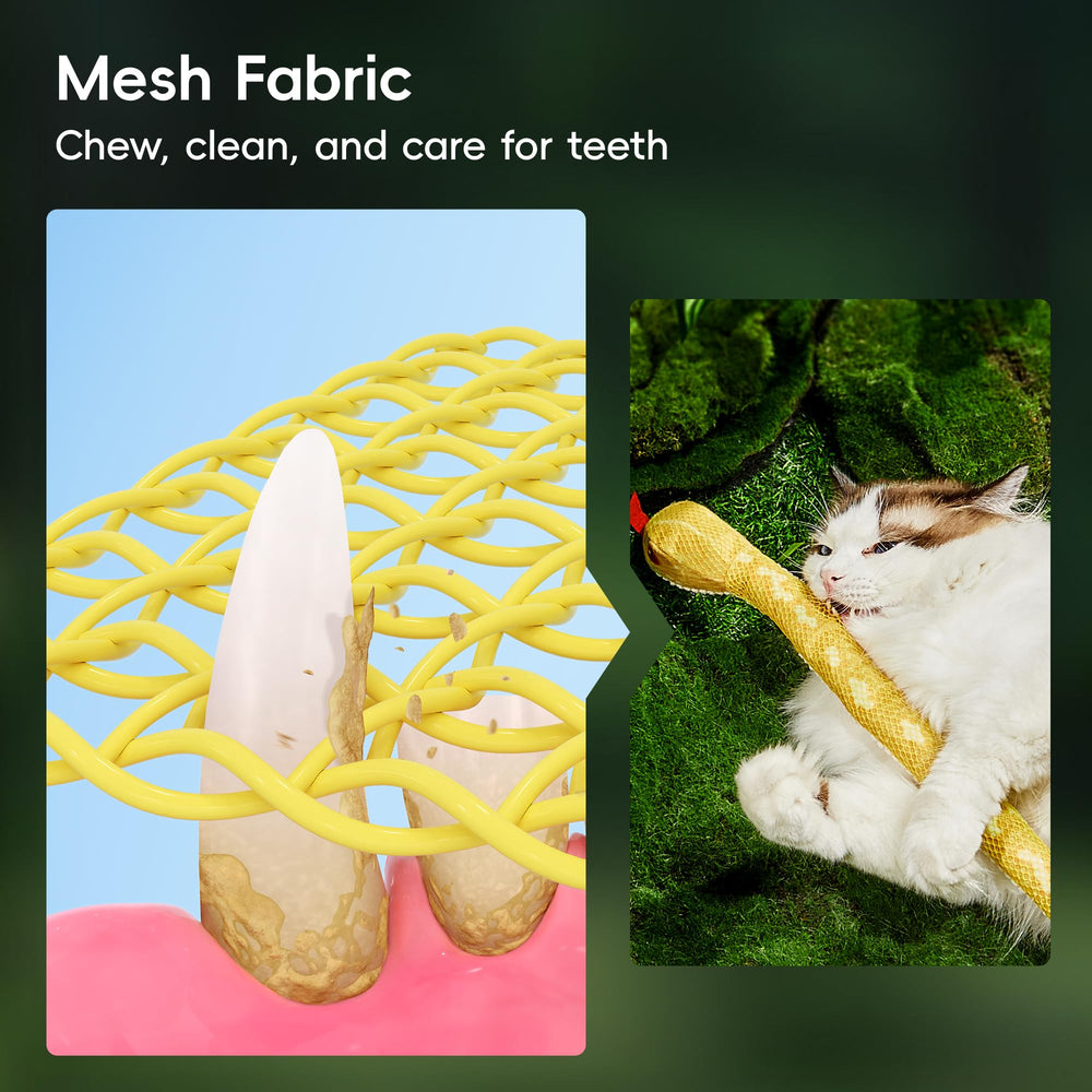 Potaroma snake toy mesh fabric provides durable chew-friendly surface for teeth-cleaning play.