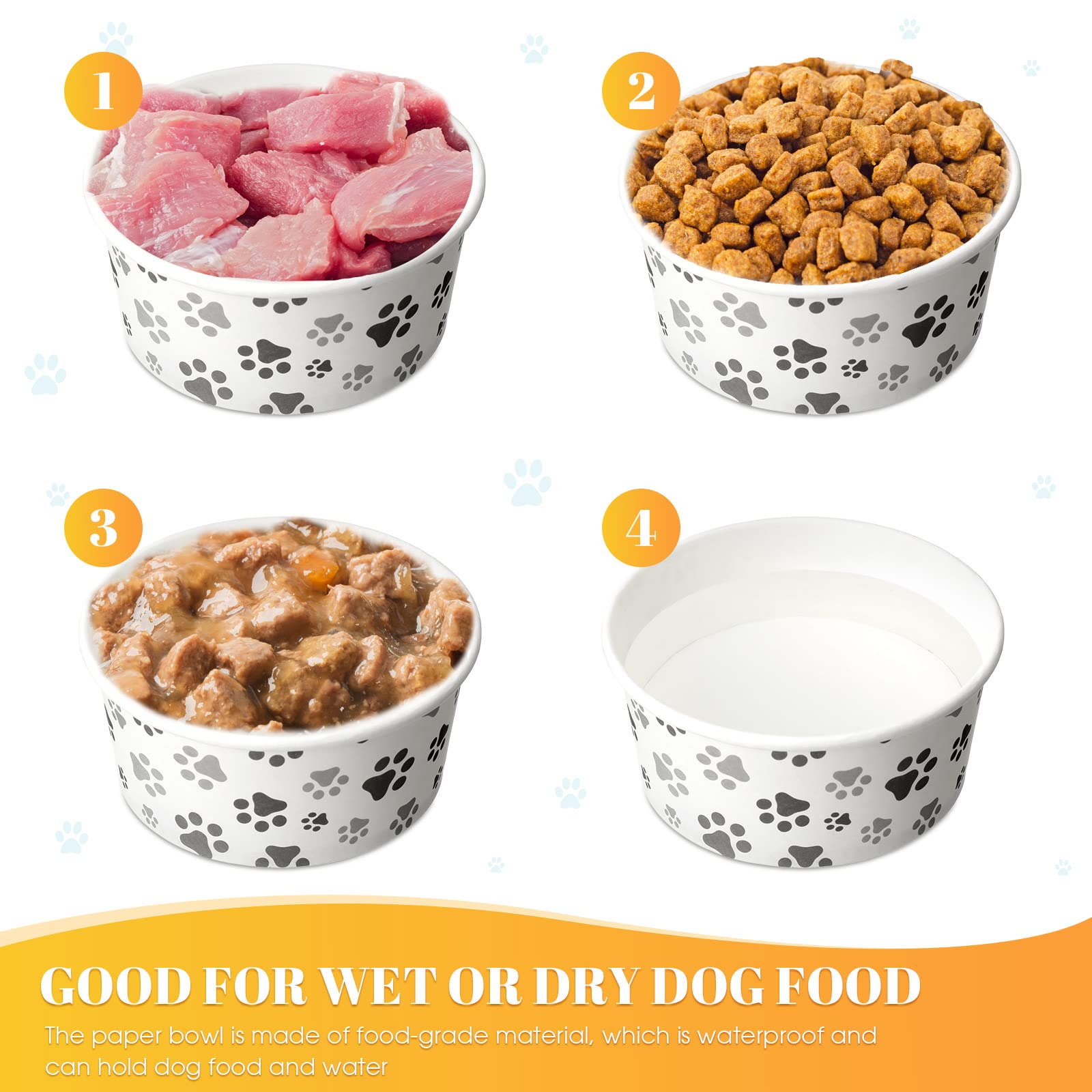 Potchen leak-resistant paper bowls for wet or dry pet food.