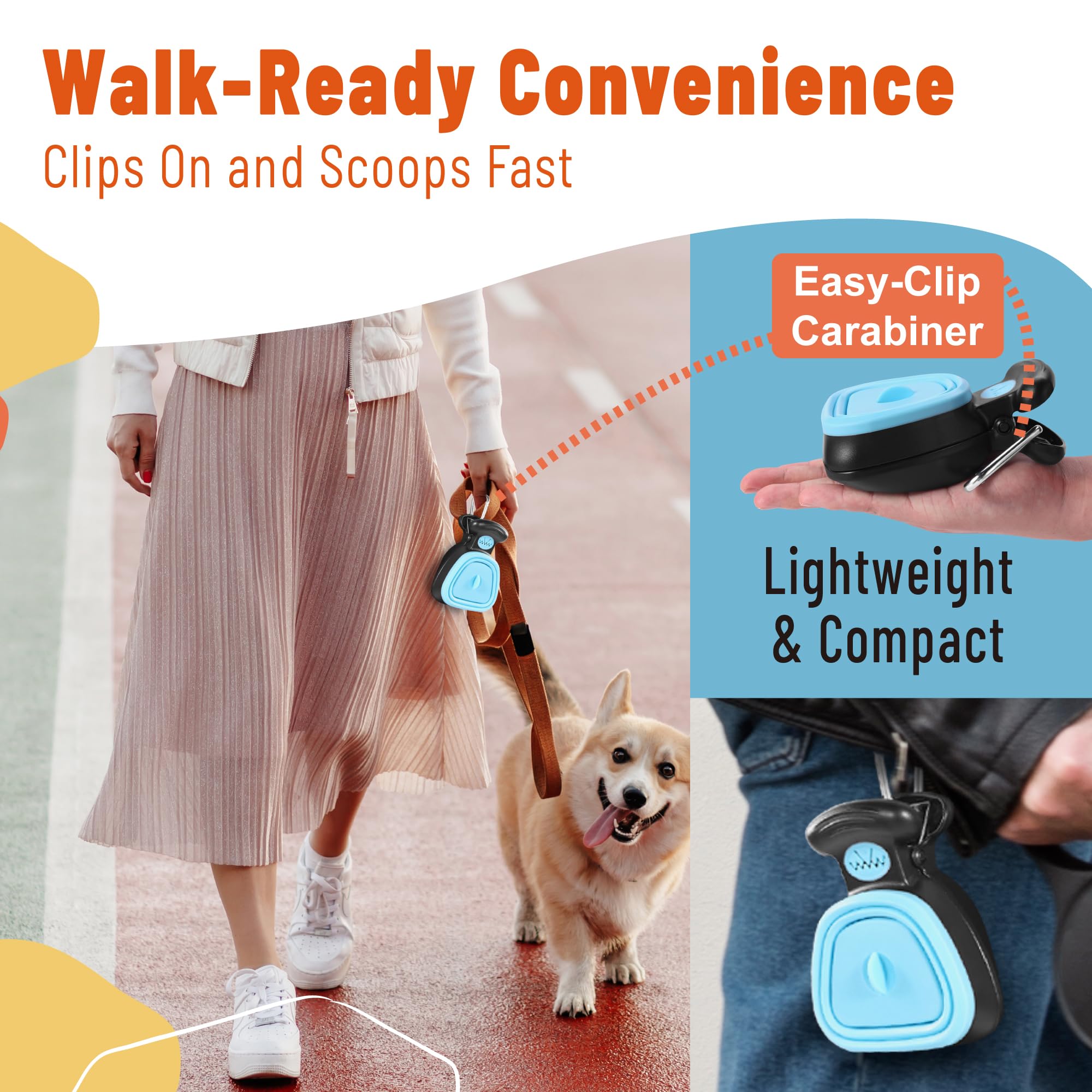 Potomo dog pooper scooper blue one-handed operation enables quick mess cleanups.