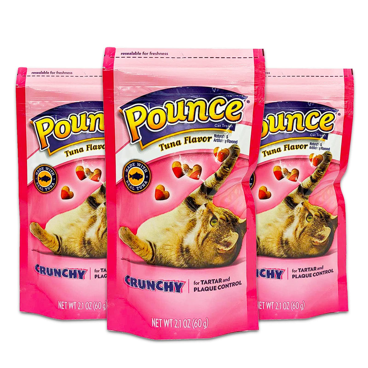 Pounce Crunchy Tuna Cat Treats 3-Pack with real tuna for indoor/outdoor cats; supports tartar control.