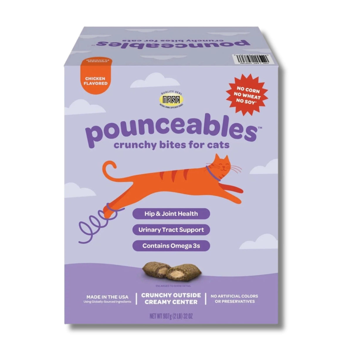 Pounceables Crunchy Cat Treats chicken flavor close-up highlights omega-3 benefits for daily enjoyment.
