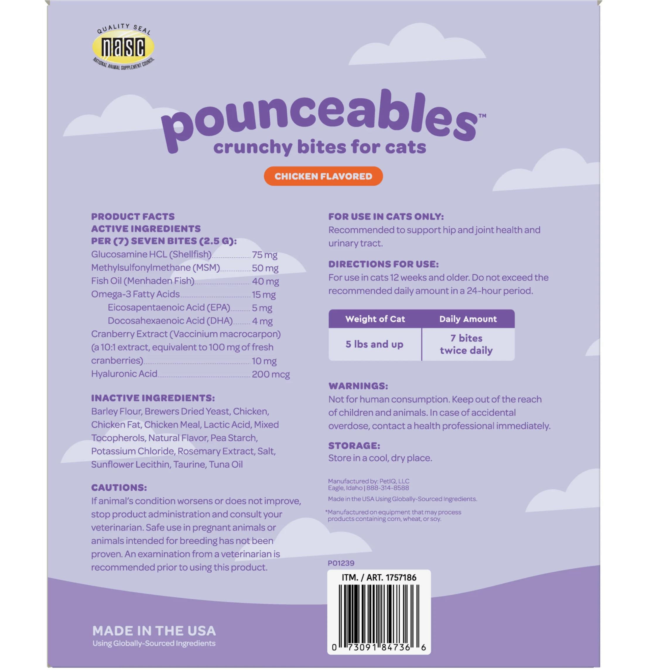 Pounceables Crunchy Cat Treats hip joint support packaging close-up signals urinary health and flavor.