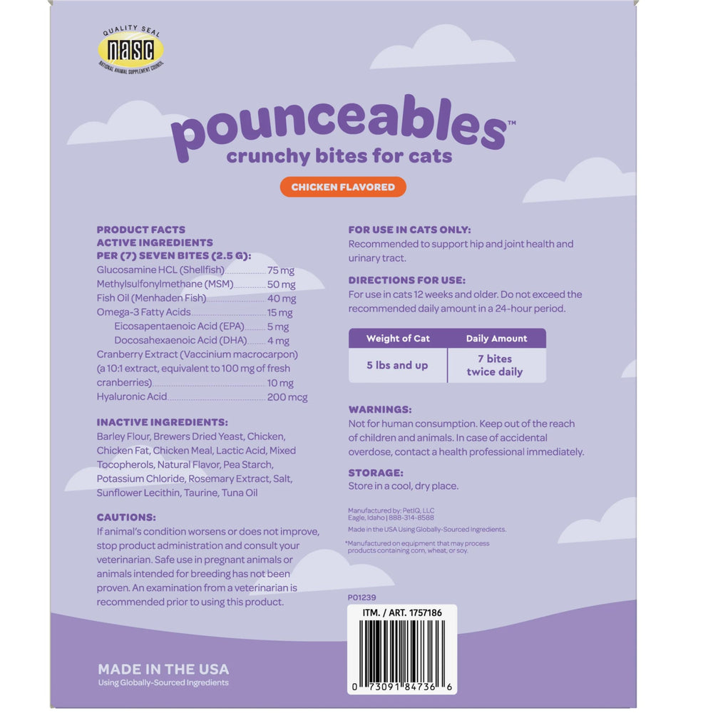 Pounceables Crunchy Cat Treats hip joint support packaging close-up signals urinary health and flavor.