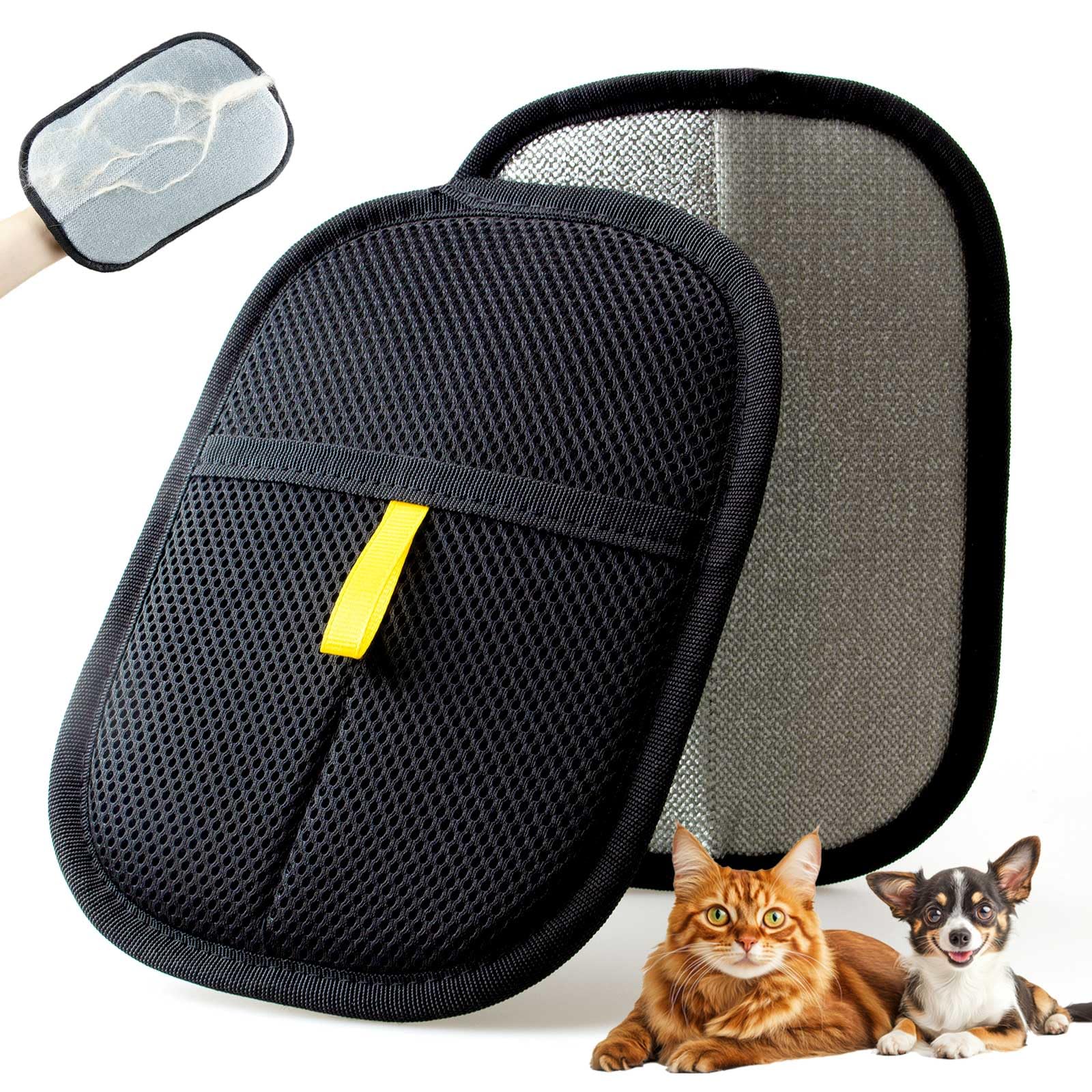 POUPUA pet hair removal glove in use on sofa surface with fur lifting