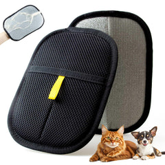 POUPUA pet hair removal glove in use on sofa surface with fur lifting