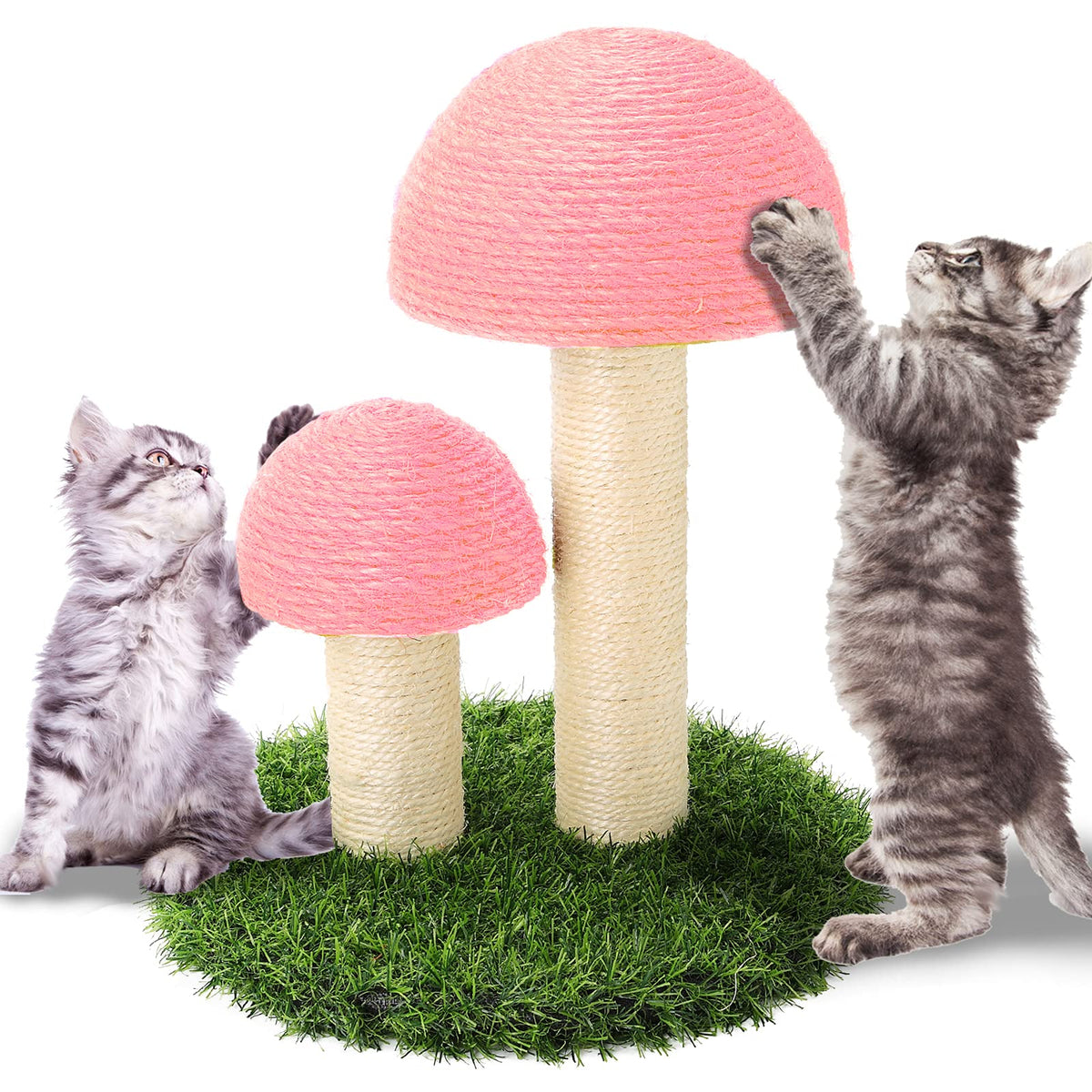 PowerKing mushroom cat scratching post pink side view shows durable sisal