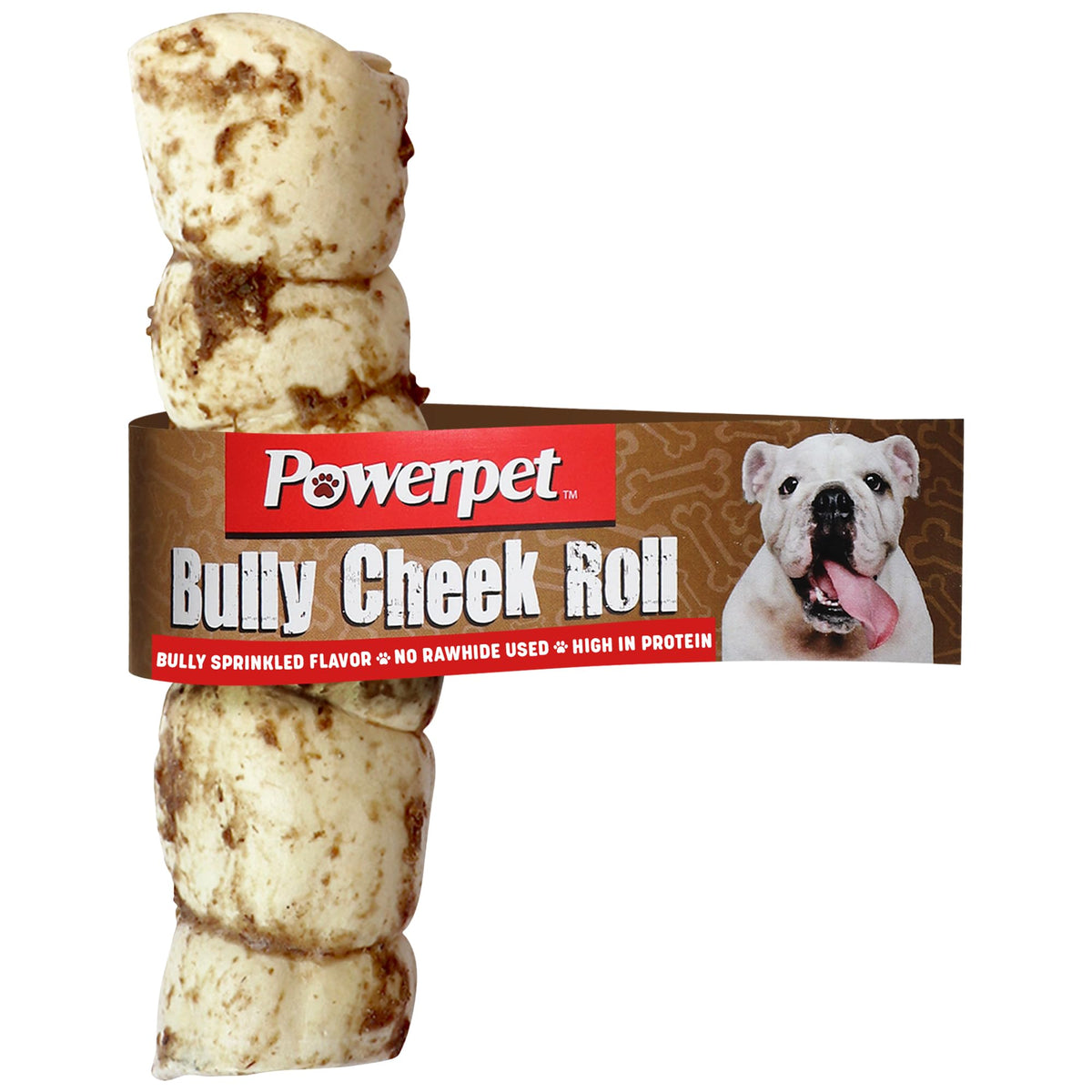 Powerpet Treats Bully Beef Cheek Rolls packaging for a natural dog chew