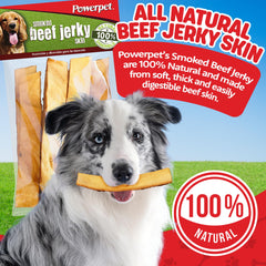 Powerpet Treats smoked beef jerky skin bag closeup shows rich smoky aroma that dogs enjoy.
