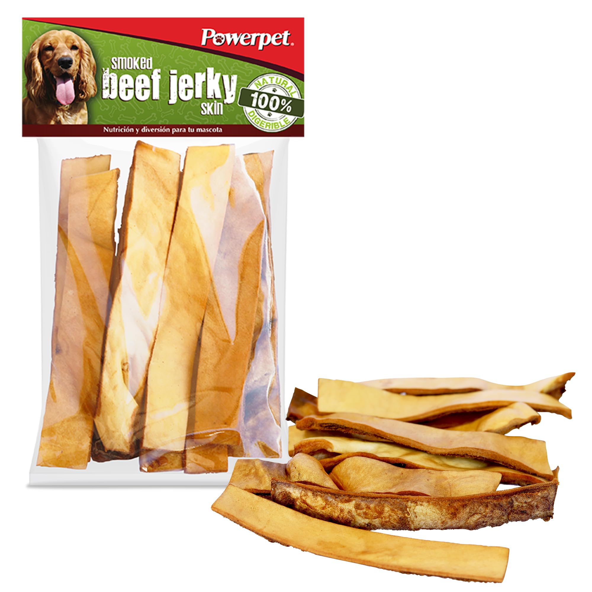 Powerpet Treats smoked beef jerky skin packaging highlights premium natural ingredients for healthy snacking.