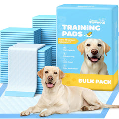 Powools 100-pack puppy pads pack-overview shows bulk supply for consistent potty training.