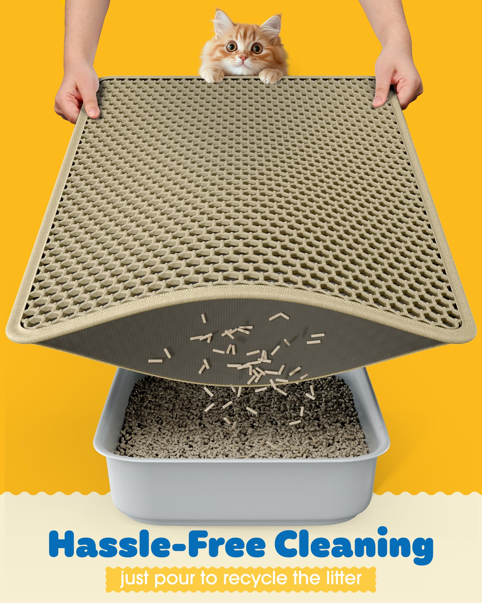 Powools Cat Litter Mat Beige waterproof bottom protects floors from urine and spills.