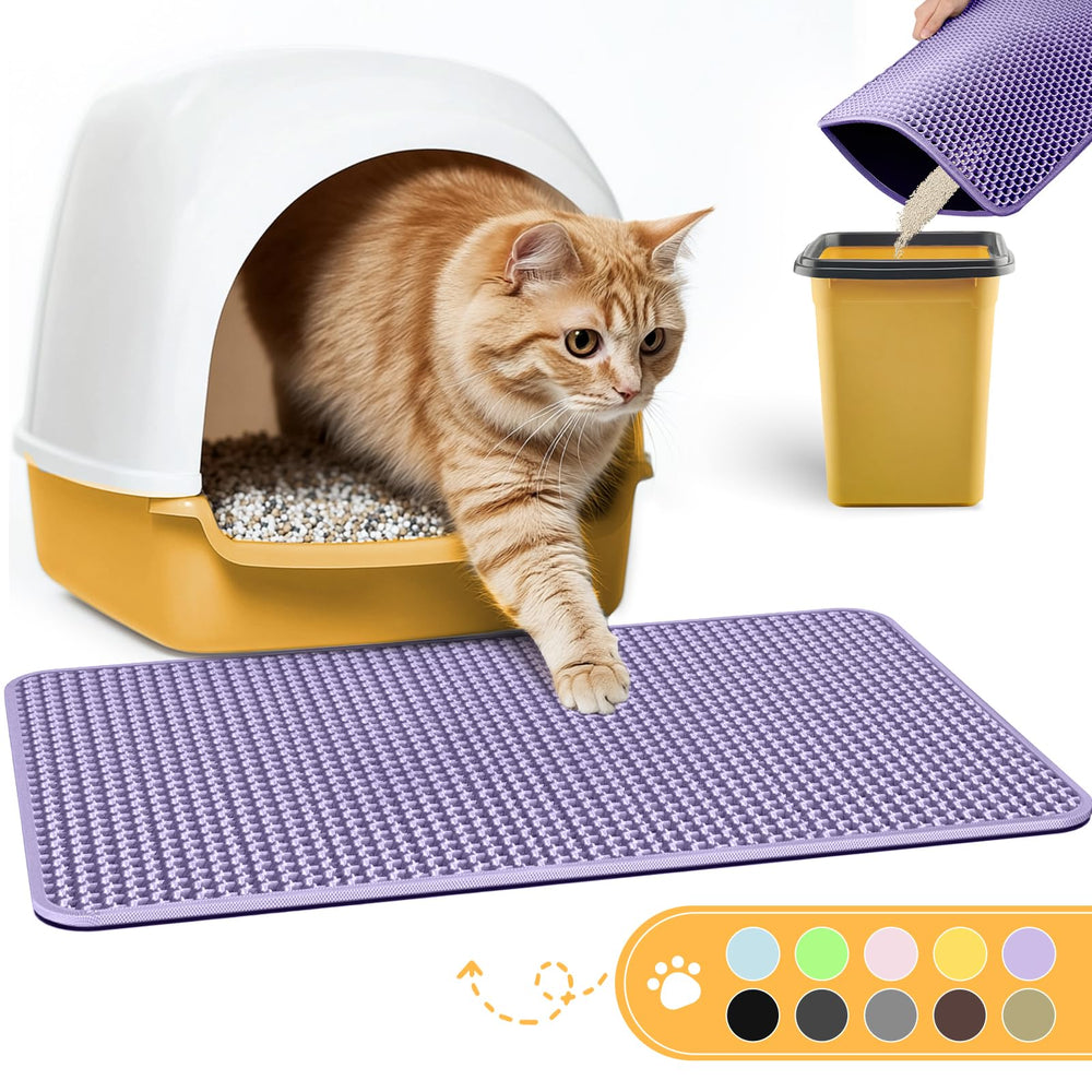 Powools cat litter mat highlights double-layer design catching litter for clean floors.
