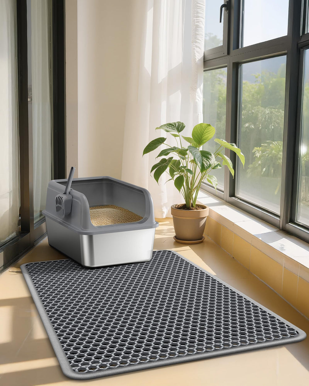 Powools cat litter mat flat-fold for easy storage and quick setup.