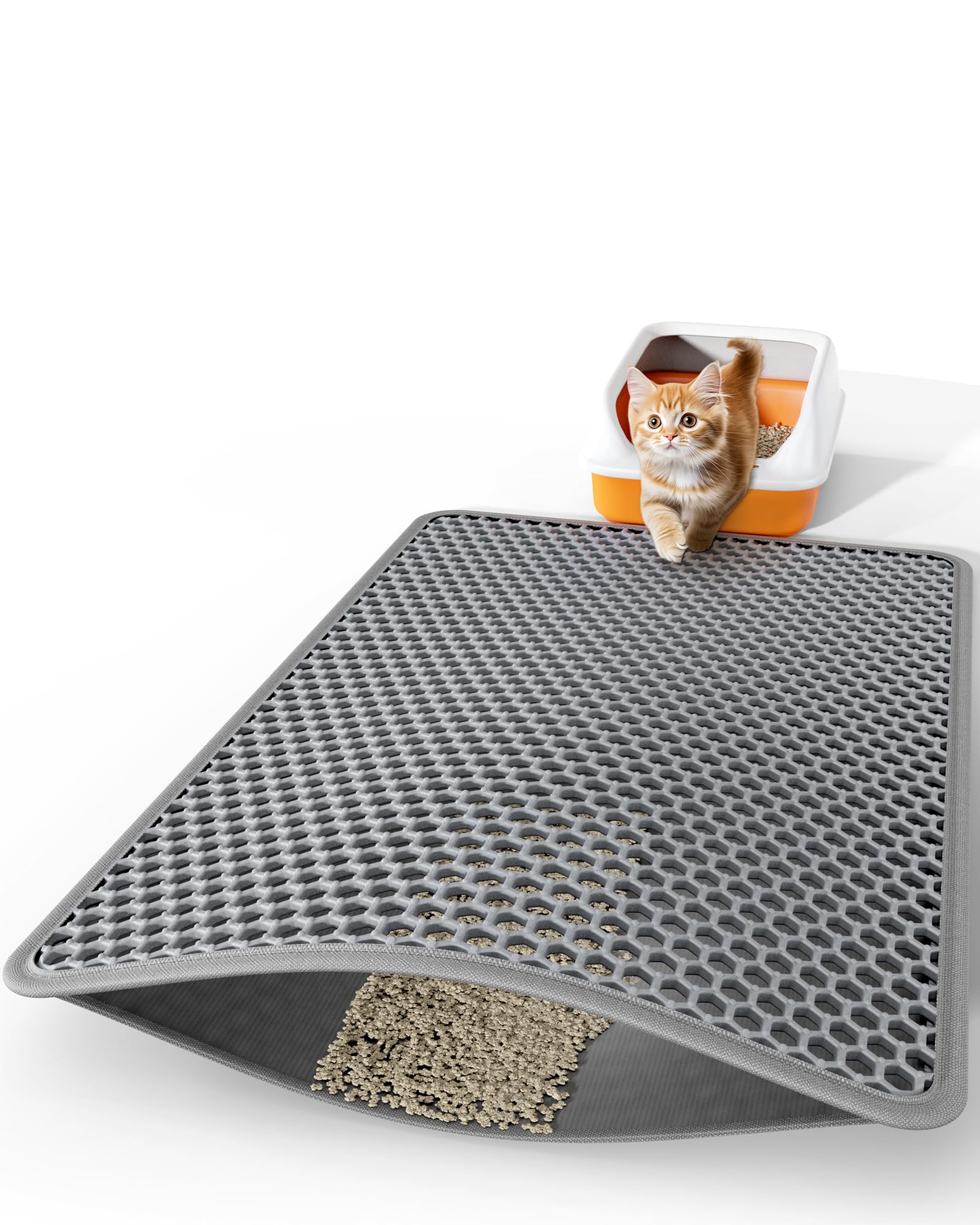 Powools cat litter mat top honeycomb shows trapped litter for a cleaner floor.