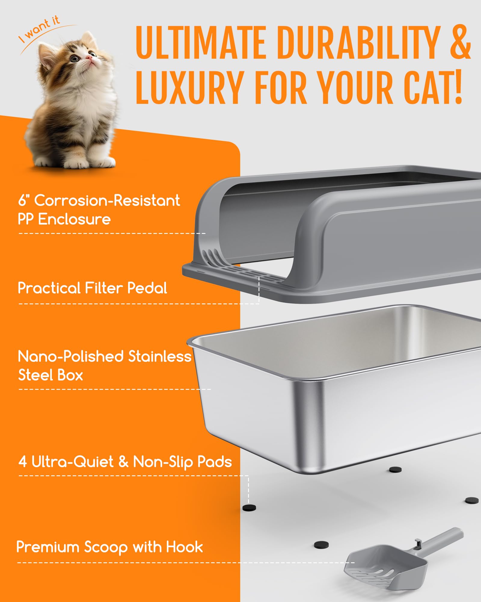 Powools stainless steel cat litter box anti-tracking filter, reduces litter scatter.