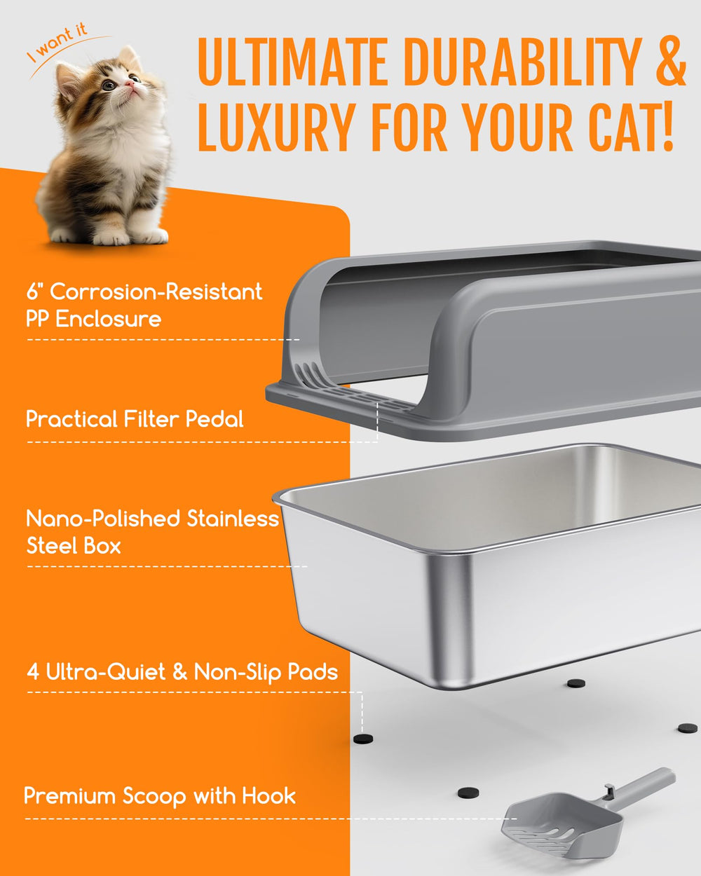 Powools stainless steel cat litter box anti-tracking filter, reduces litter scatter.