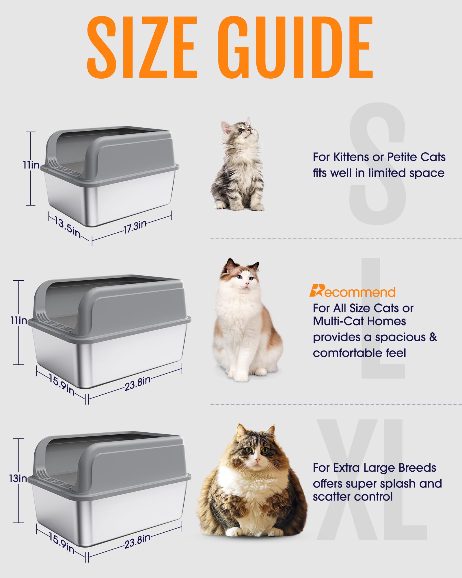 Powools stainless steel cat litter box side view showing durable rust-resistant construction.