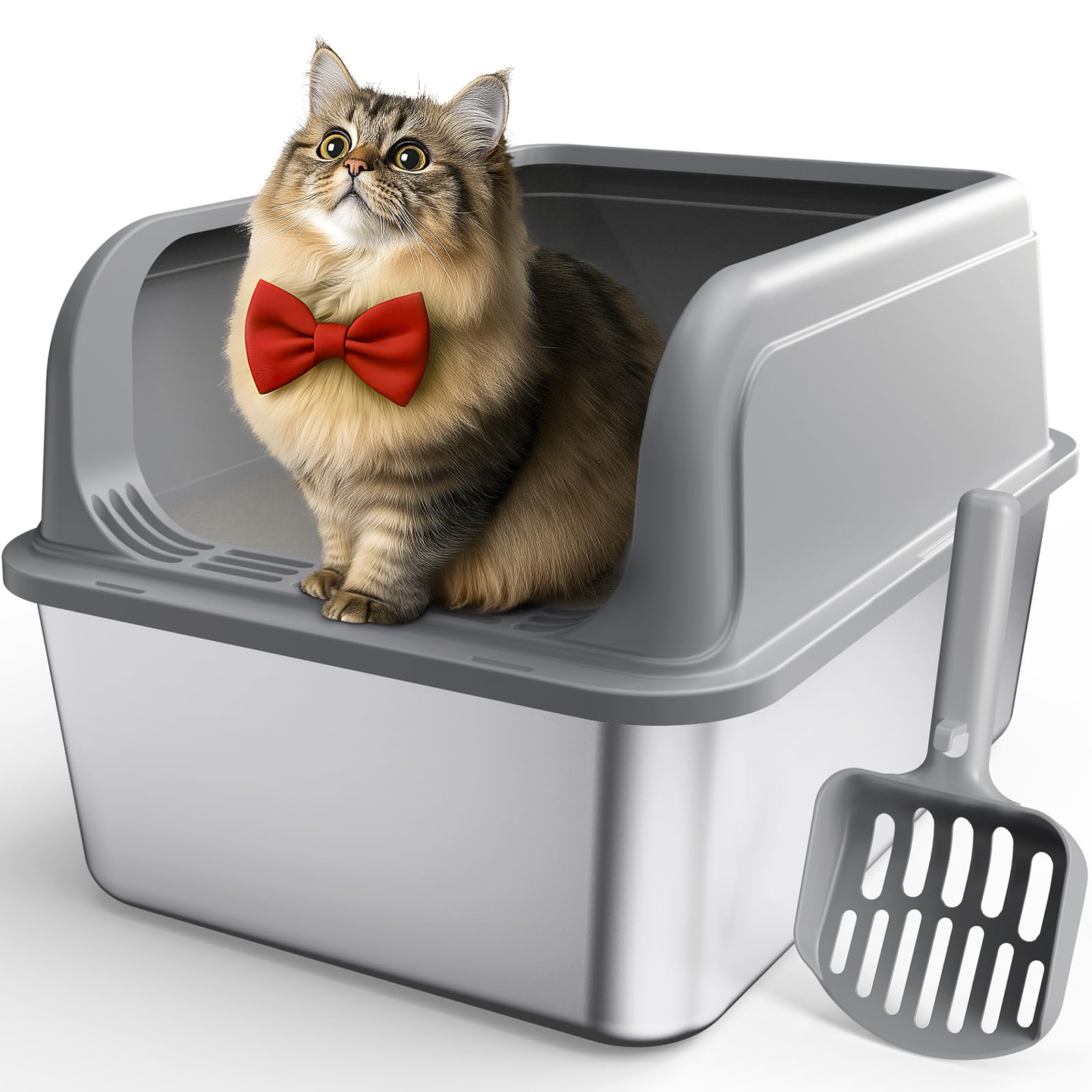 Powools stainless steel cat litter box top-entry view highlights anti-leakage design for cleaner floors.