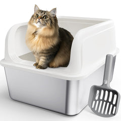 Powools stainless steel cat litter box top-entry design minimizes spills and litter scatter.