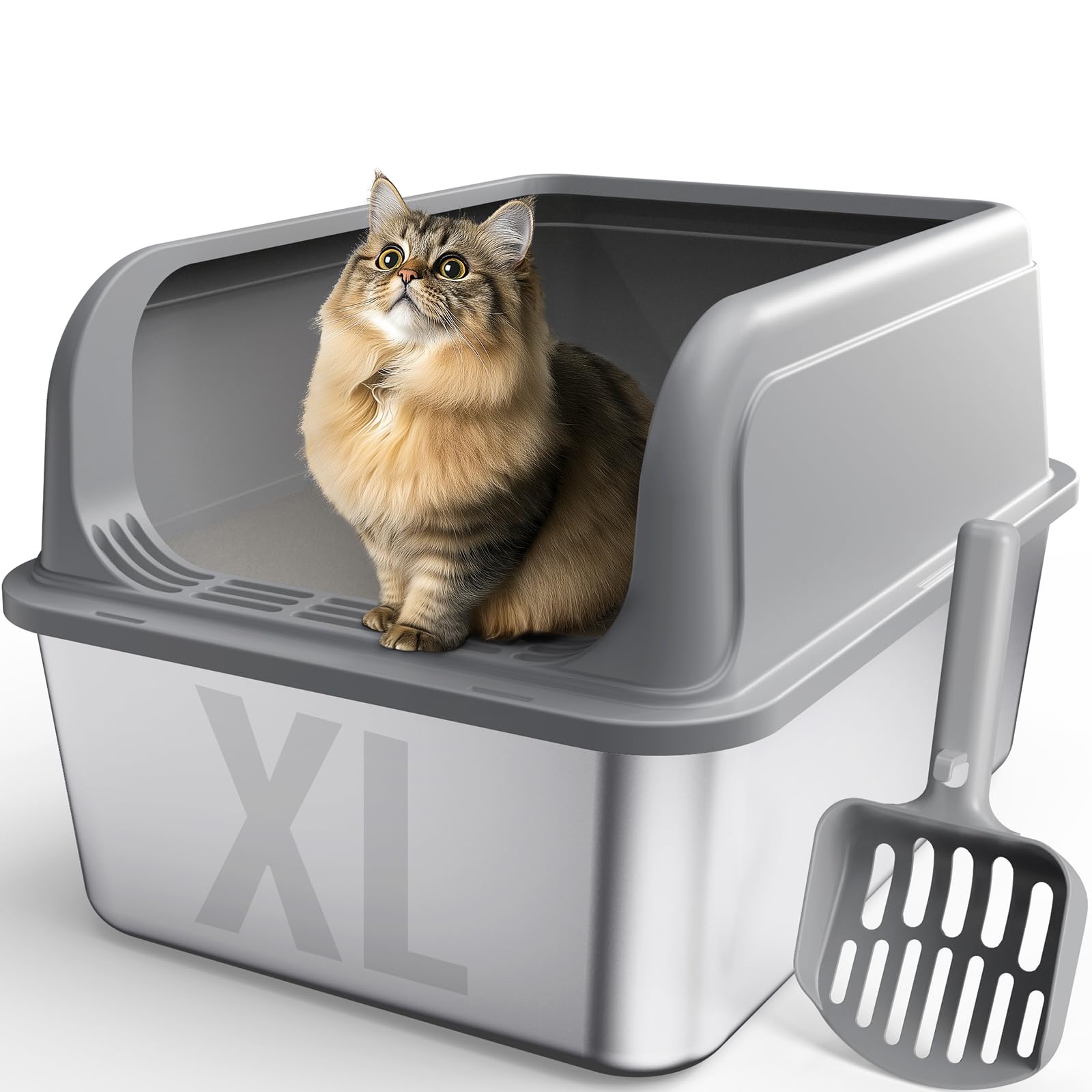 Powools stainless steel cat litter box top view with high walls for cleaner floors.