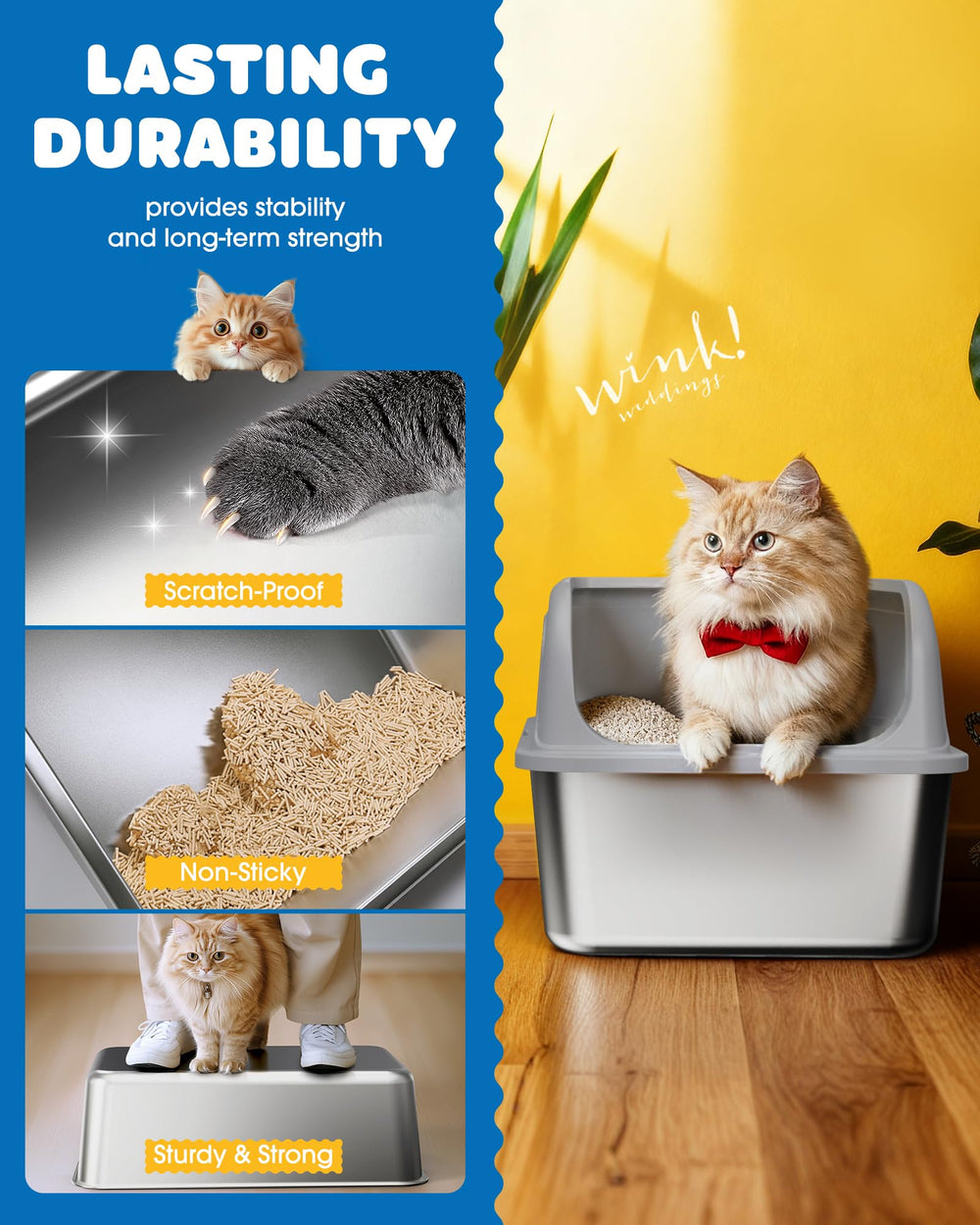 Powools stainless steel litter box interior with smooth non-stick surface