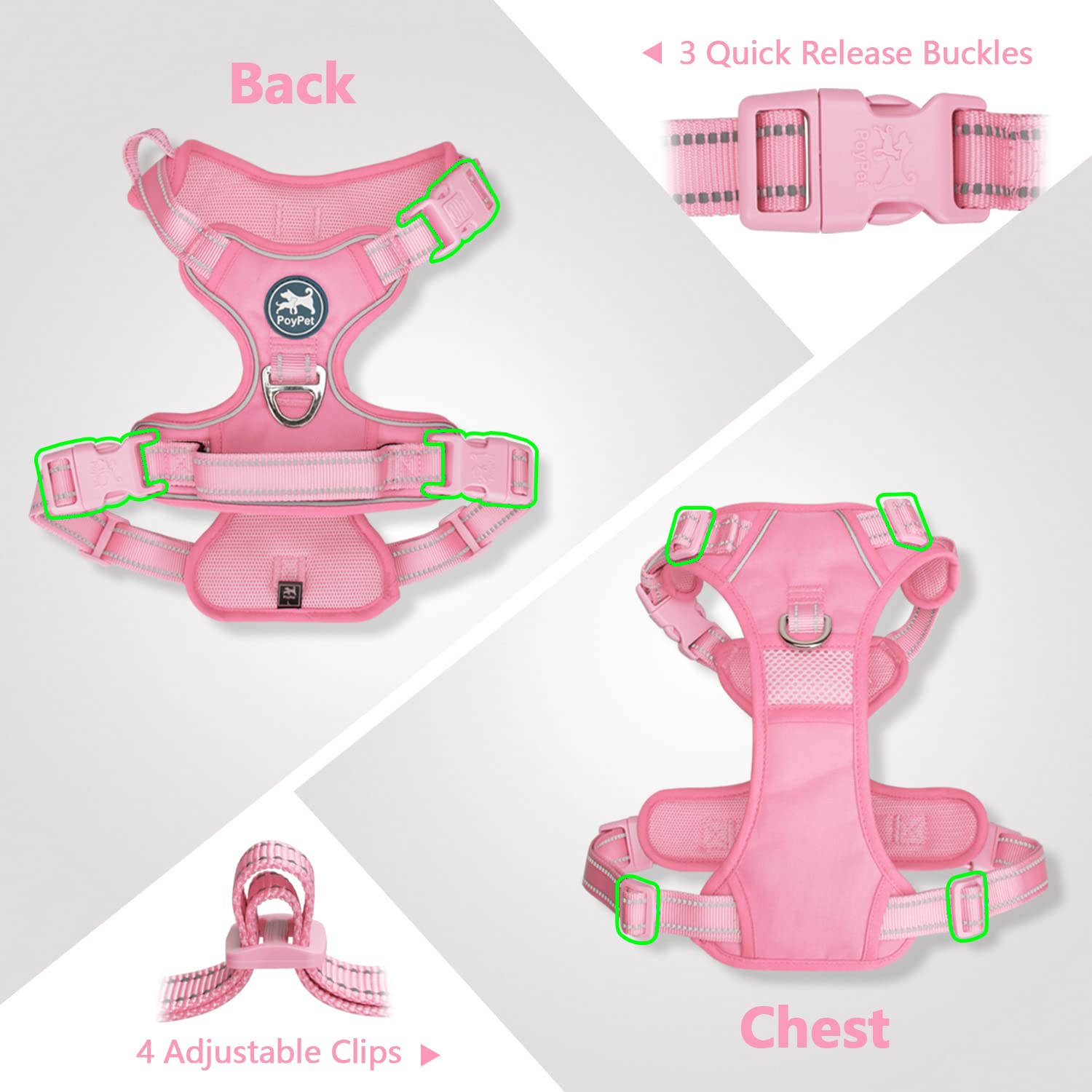 PoyPet No Pull Harness quick-release buckles for easy on/off.