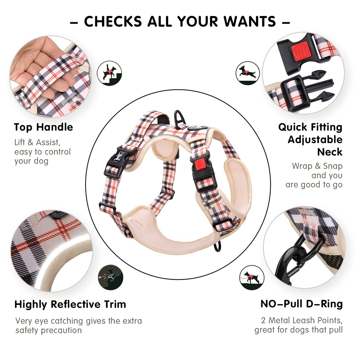 PoyPet plaid dog harness four-way adjustable neck and chest for perfect fit.