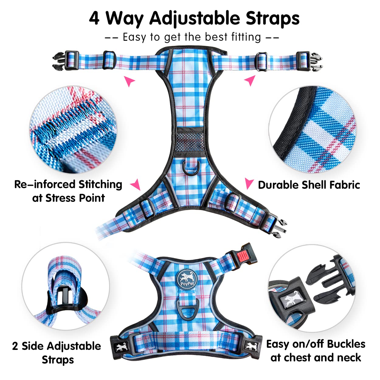 PoyPet plaid harness with top handle for quick control.