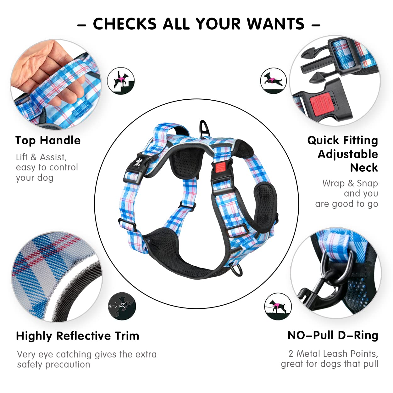PoyPet plaid harness with reflective strips for dusk visibility.