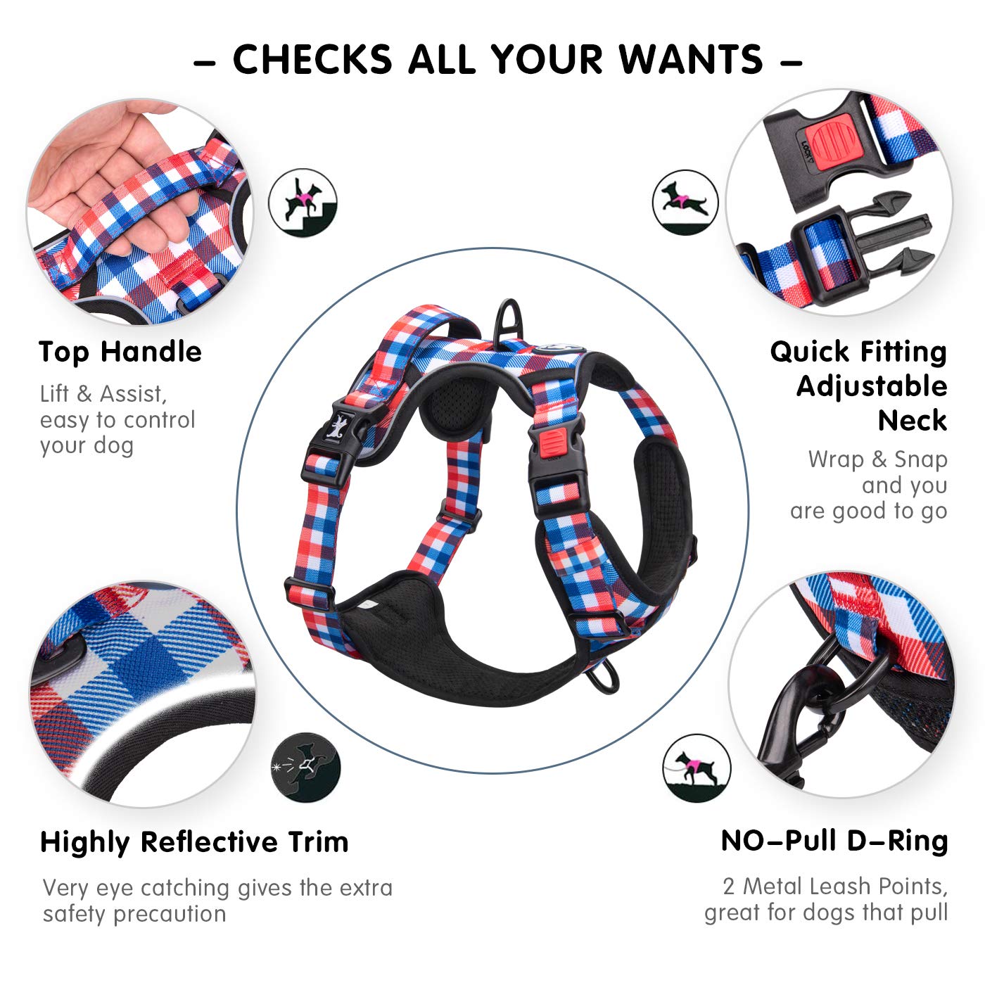 PoyPet plaid dog harness with soft padded comfort for daily walks.