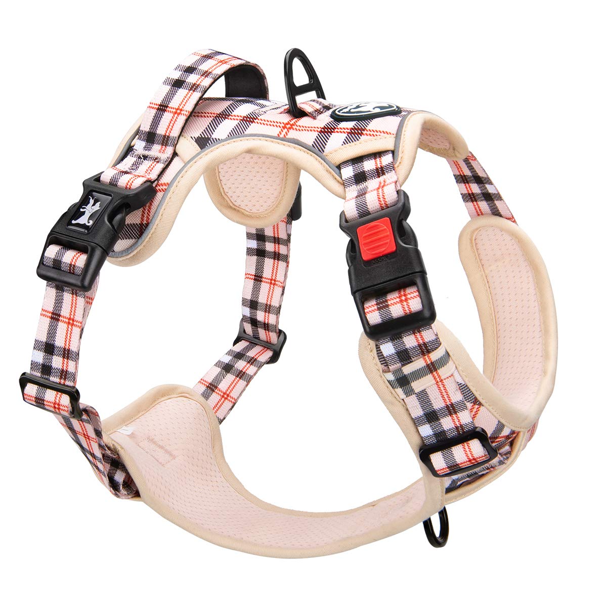 PoyPet plaid dog harness top handle for quick control and assistance.