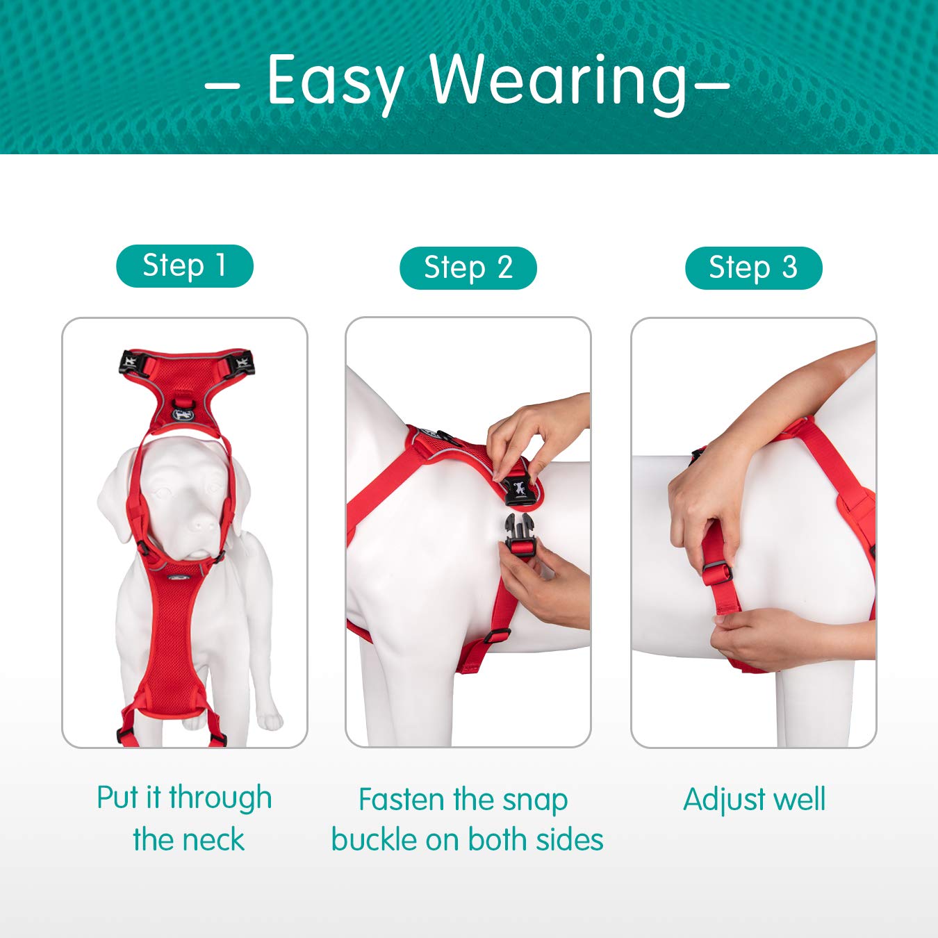 PoyPet Quick-release buckles dog harness red makes on/off easy.