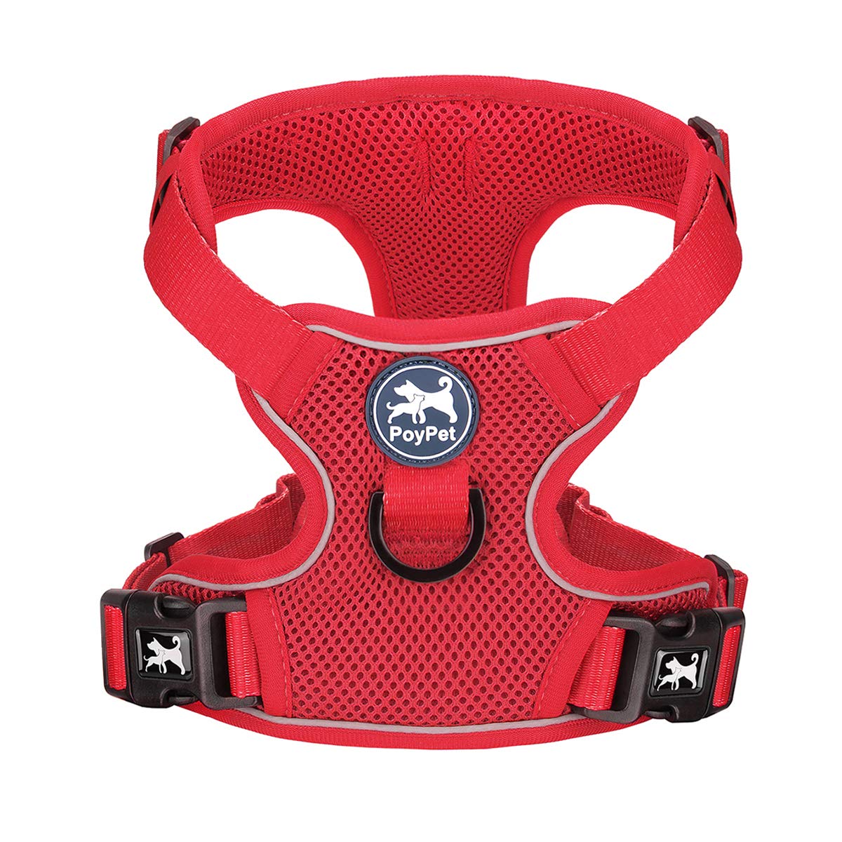 PoyPet Reflective straps dog harness red enhances nighttime visibility for safer walks.