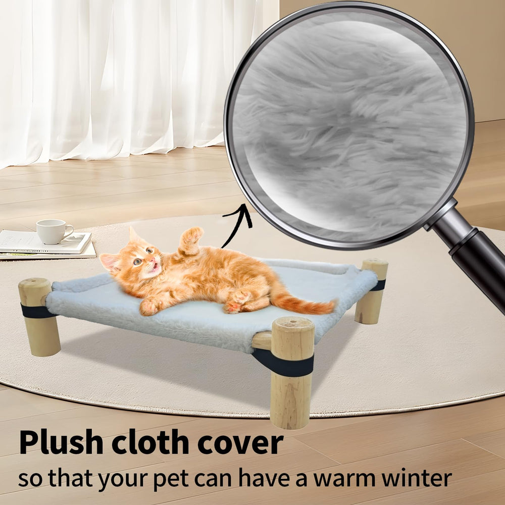 Pozico Cat Hammock Bed wood-frame close-up showcases durable pine and chew-resistant stability.