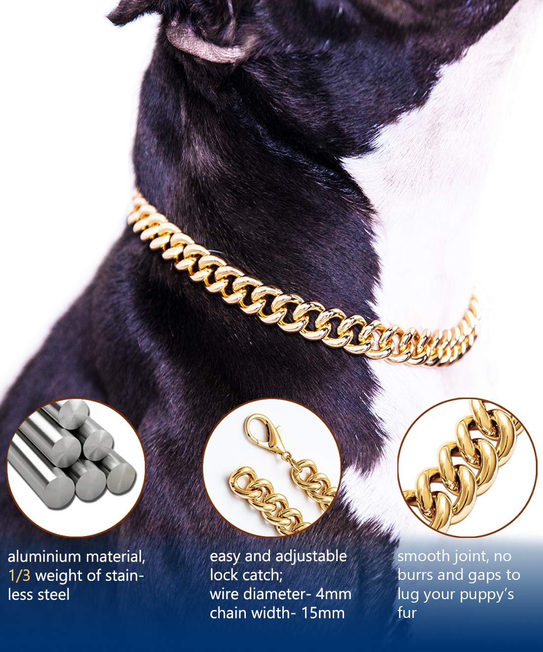 PP COLOR gold chain dog collar Cuban link hip-hop look on dog for bold style.