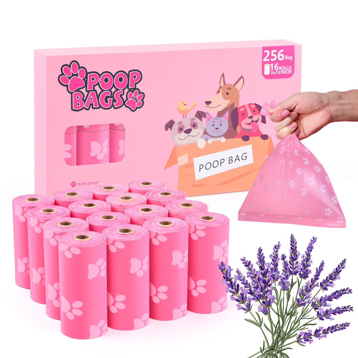 PPEIWASTE 256-count poop bags, 9x13 inches, pink for long-lasting walking use