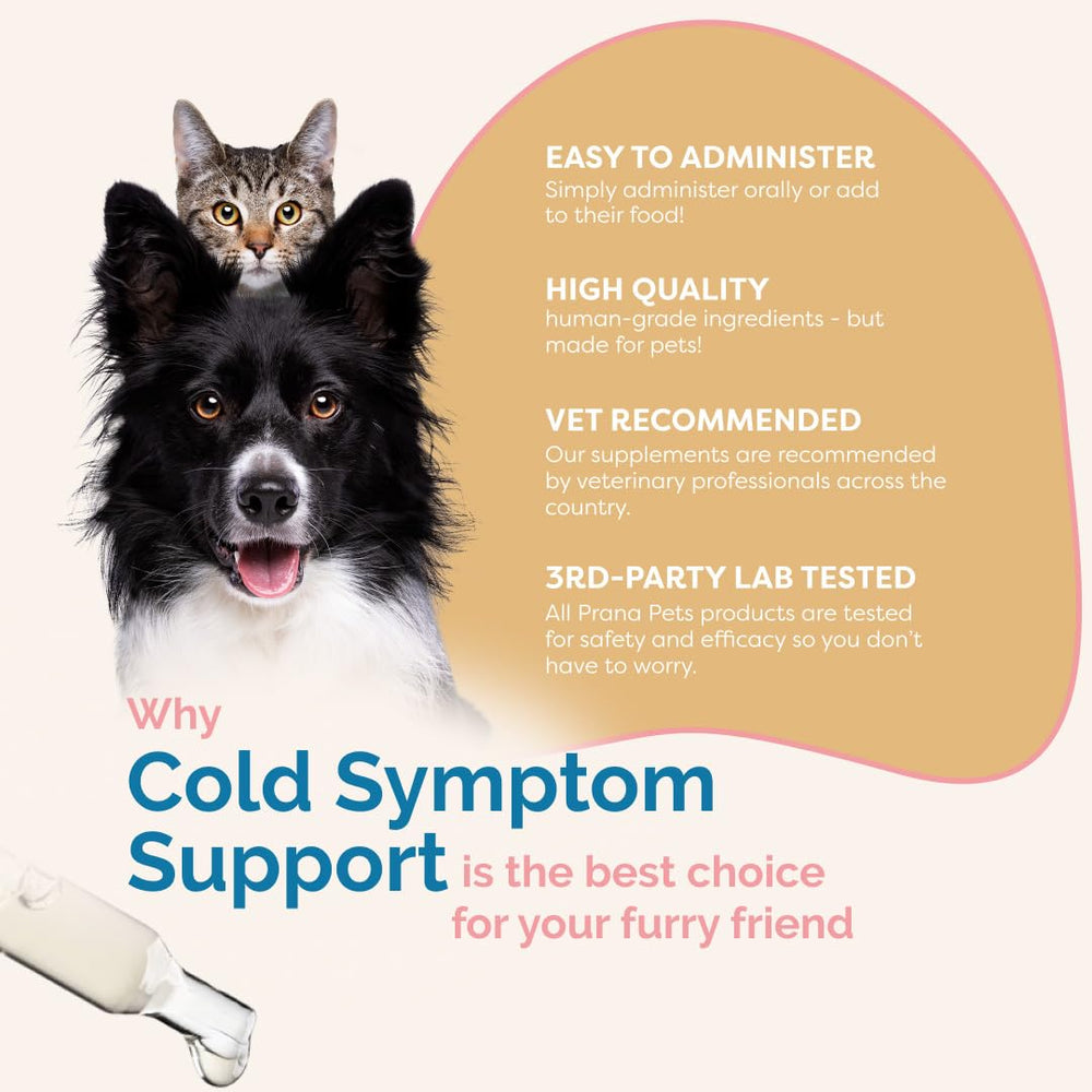 PranaPets Cold Symptom Support USA-made label emphasizing safety and testing