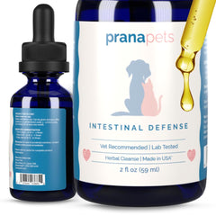 PranaPets Intestinal Defense bottle showing liquid supplement for pet digestive support.