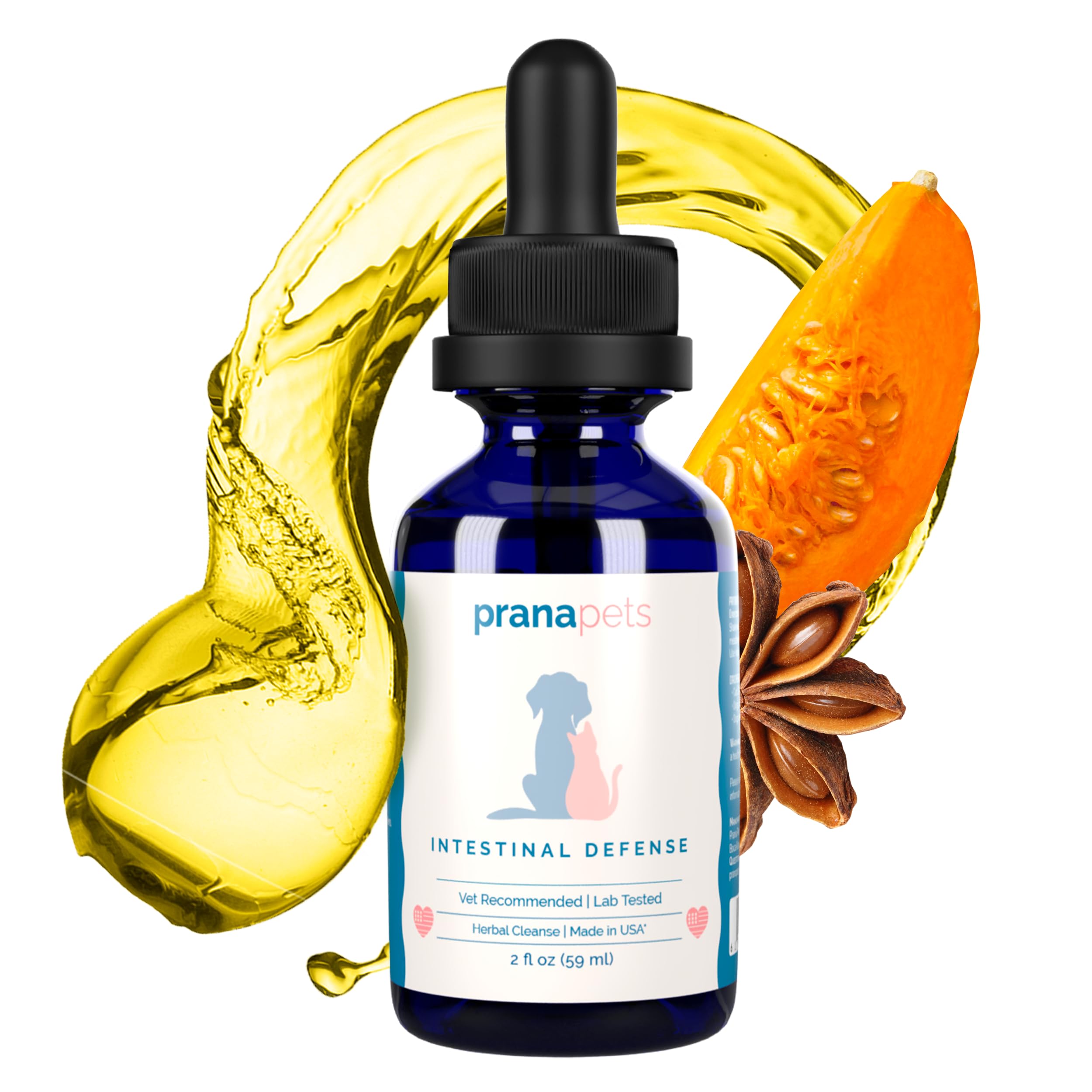 PranaPets Intestinal Defense herbal-blend highlighting natural gut-support ingredients.