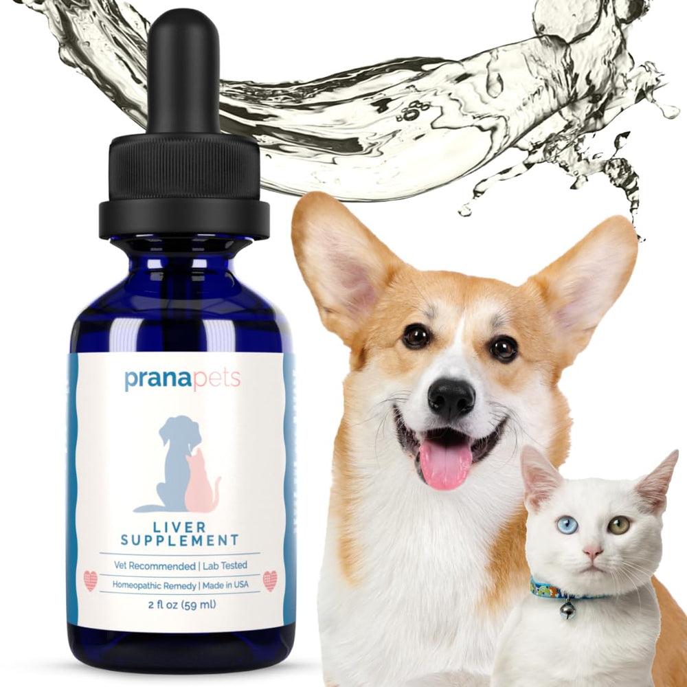 PranaPets liver supplement dropper dispensing drops for gentle administration to pets.