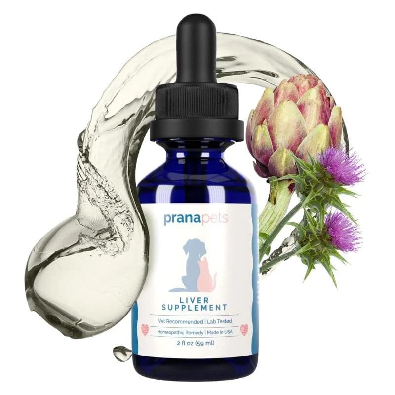 PranaPets liver supplement drops shown for easy daily dosing and consistent use.