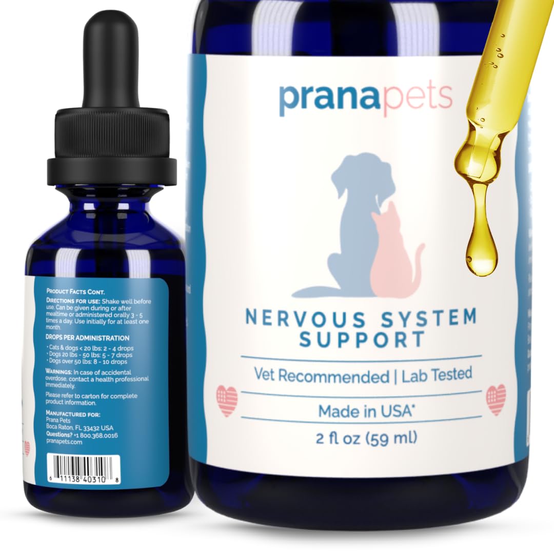 PranaPets nervous system support bottle for easy dosing and calmer pets.