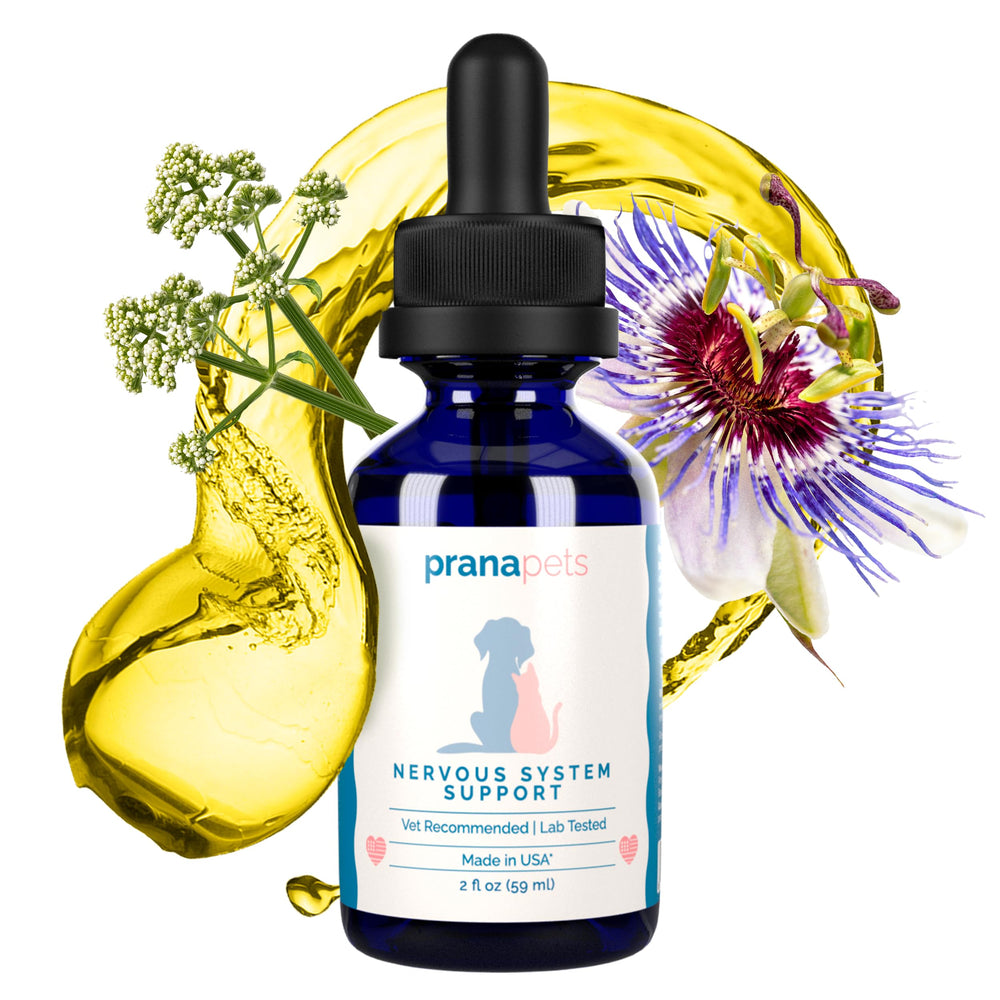 PranaPets nervous system support herbal blend closeup highlights natural ingredients.