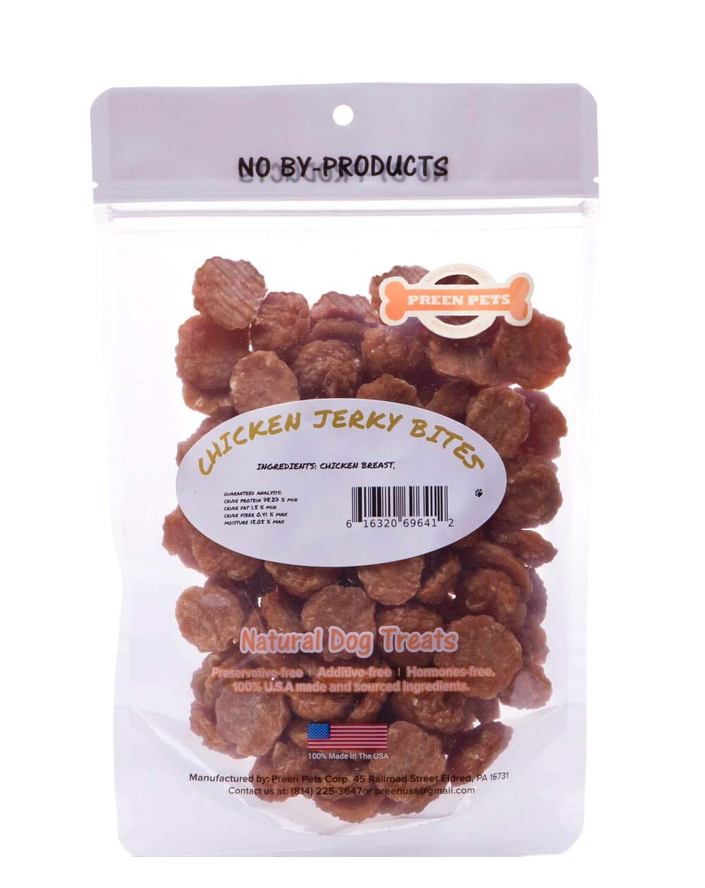 Preen Pets Chicken Jerky Bites close-up—protein-rich USA chicken breast for healthy snacking.