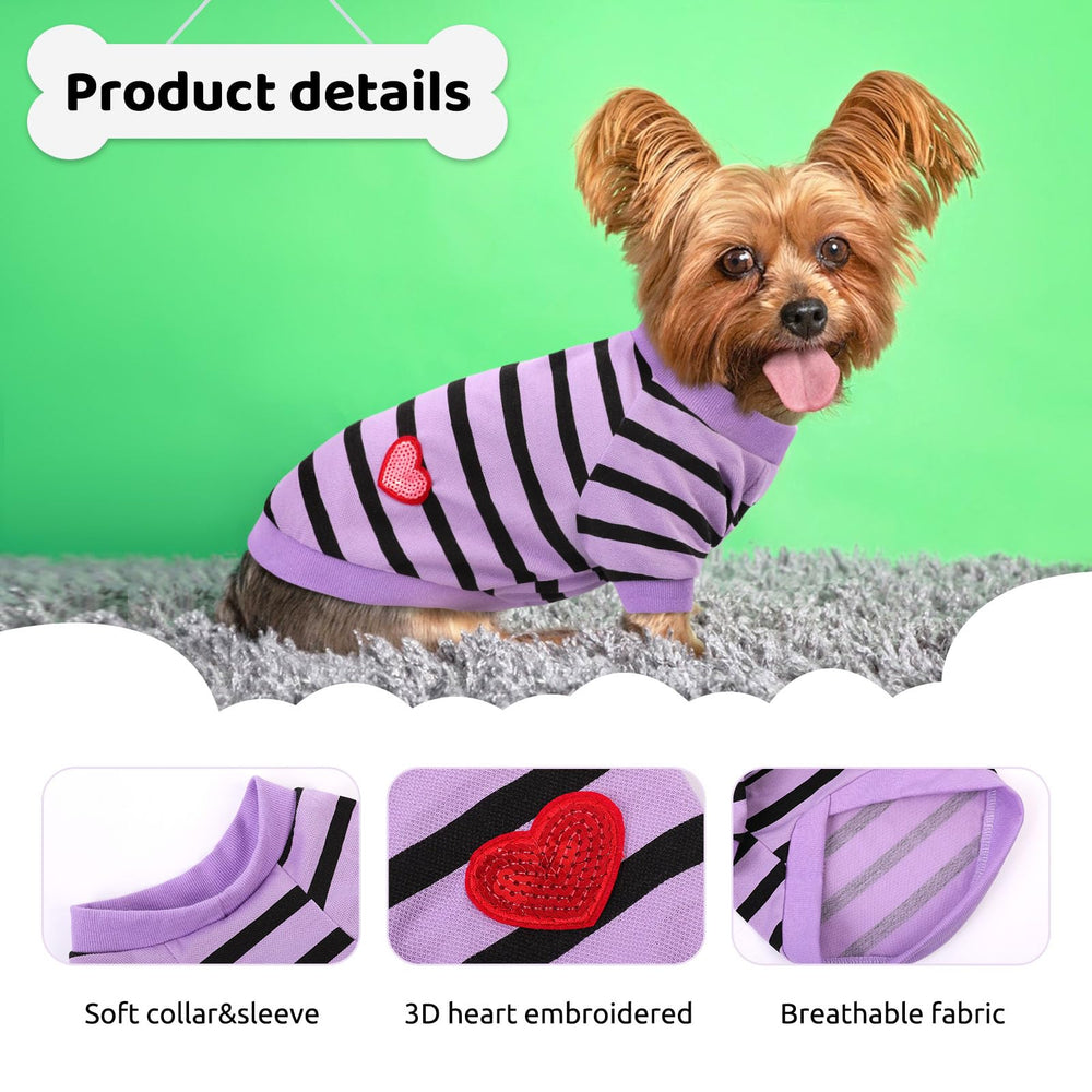 Preferhouse striped purple dog shirt back view shows a coordinated spring outfit.